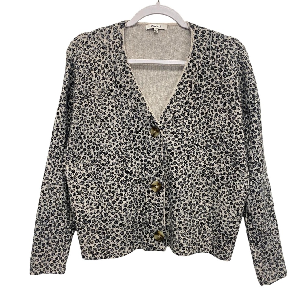 Madewell women's cropped ditsy floral ivory black sweater cardigan sz S 3 button